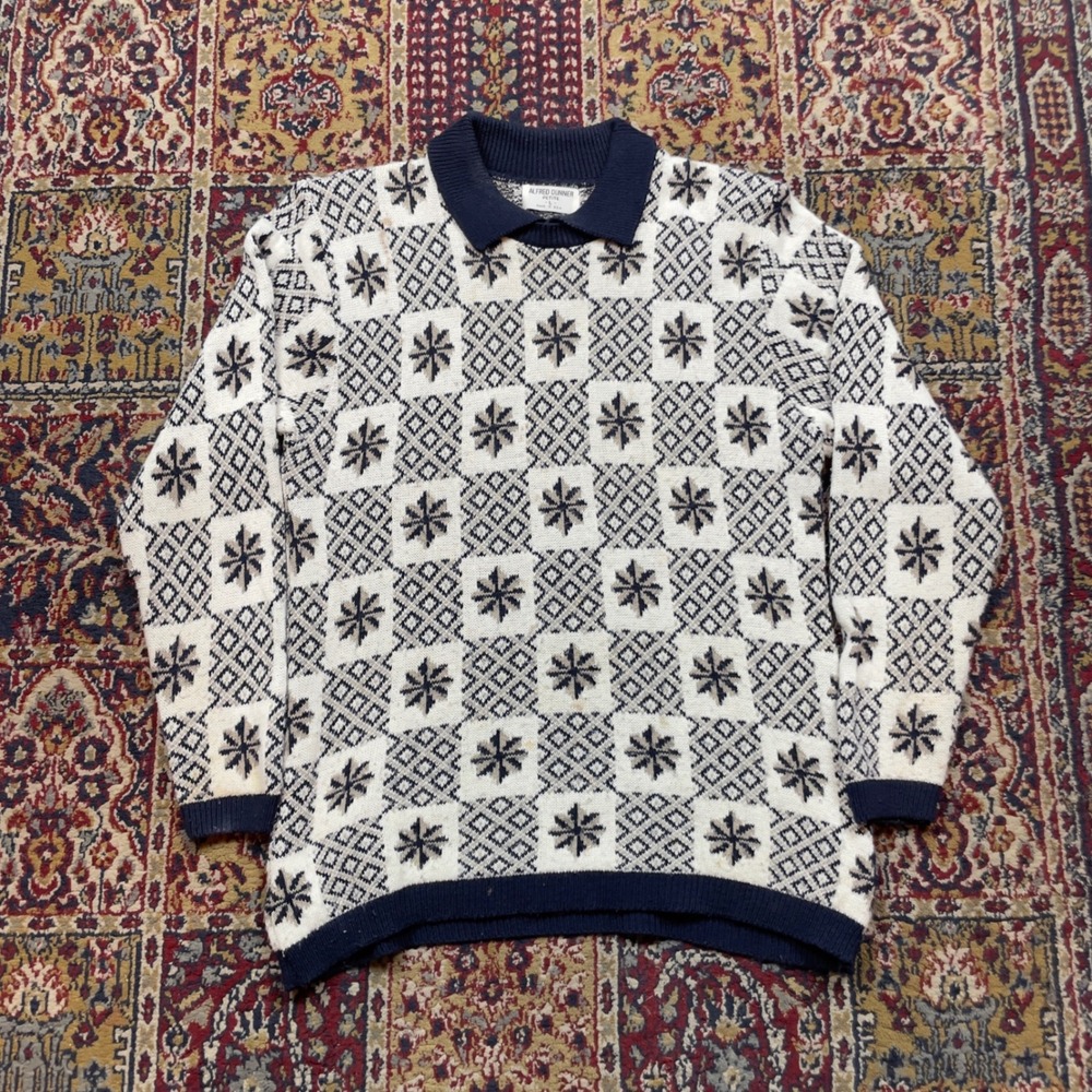 VTG 80s Alfred Dunner Petite Womens Sweater Pinwheel Fair Isle Knit Collar L USA